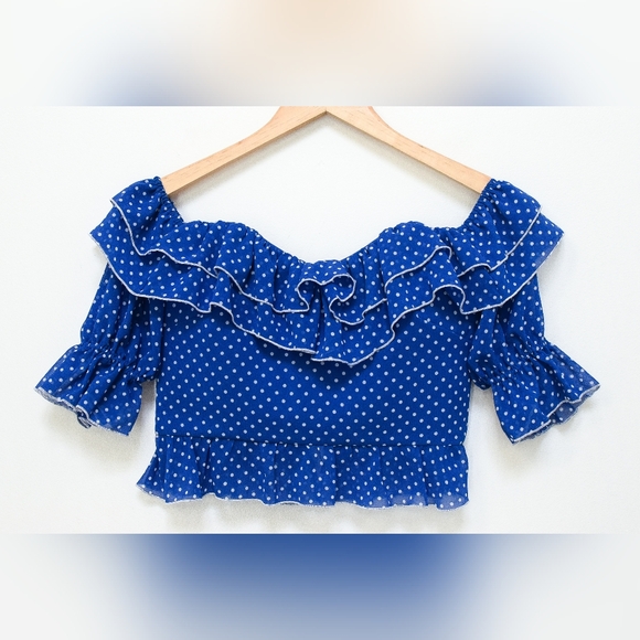 Lovers + Friends Reid Polka Dot Faux Corset Top Blue White Ruffle Size S Boho - Picture 3 of 11